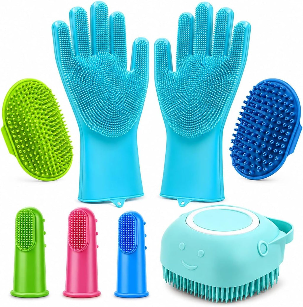 8PCS Pet Grooming & Washing Kit for Dogs & Cats, Dog Bathing Supplies Silicone Dog Washing Gloves, Shampoo Brush,Dog Scrubber for Bath Shedding, Cleaning & Massage