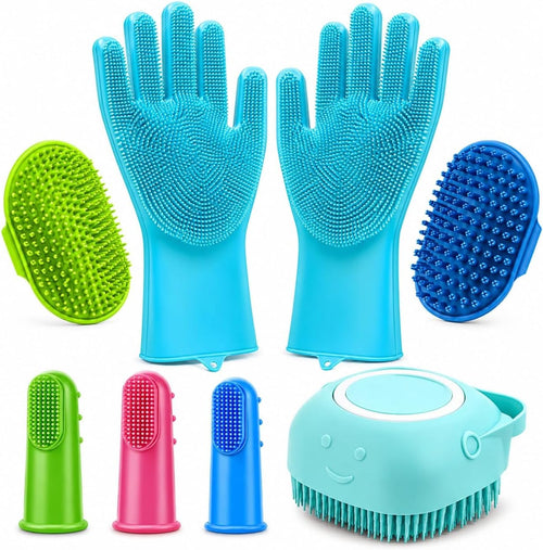 8PCS Pet Grooming & Washing Kit for Dogs & Cats, Dog Bathing Supplies Silicone Dog Washing Gloves, Shampoo Brush,Dog Scrubber for Bath Shedding, Cleaning & Massage