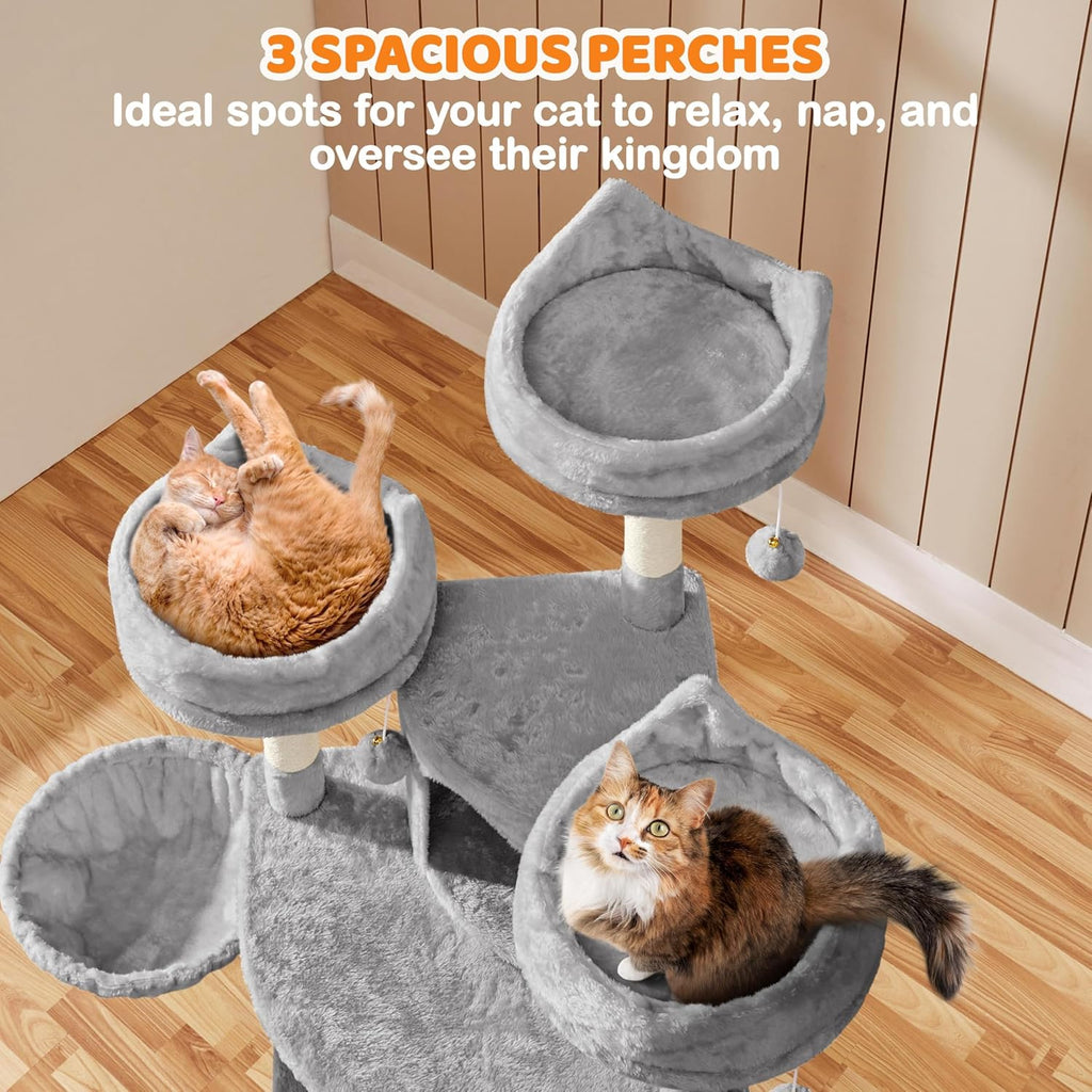 Yaheetech 69In Large Cat Tree Tower, 2 Condos, Sisal Posts & Cat-Ear Perch | Sturdy Anti-Wobble Base, Soft Basket, Climbing Ramp, Easy Assembly, Fits Large Indoor Cats & Multi-Pet Households, Light Gray