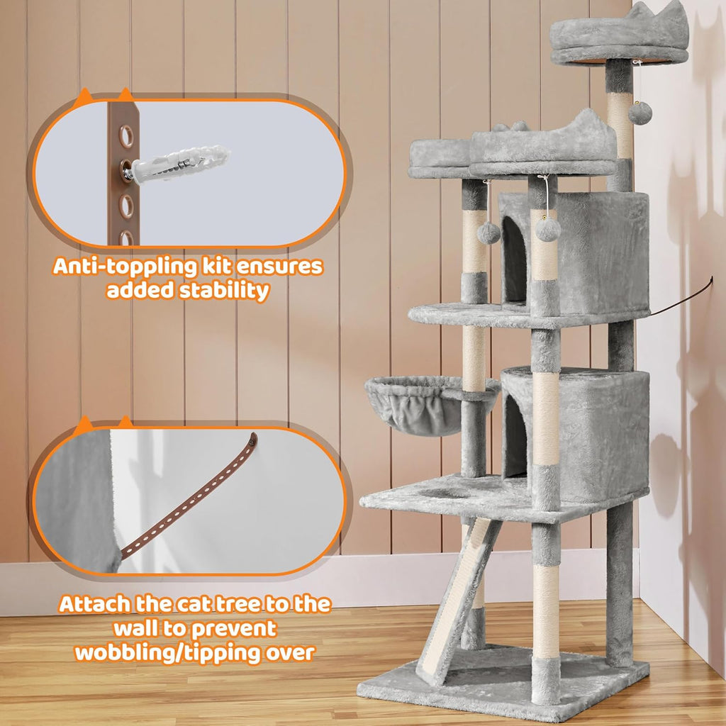 Yaheetech 69In Large Cat Tree Tower, 2 Condos, Sisal Posts & Cat-Ear Perch | Sturdy Anti-Wobble Base, Soft Basket, Climbing Ramp, Easy Assembly, Fits Large Indoor Cats & Multi-Pet Households, Light Gray