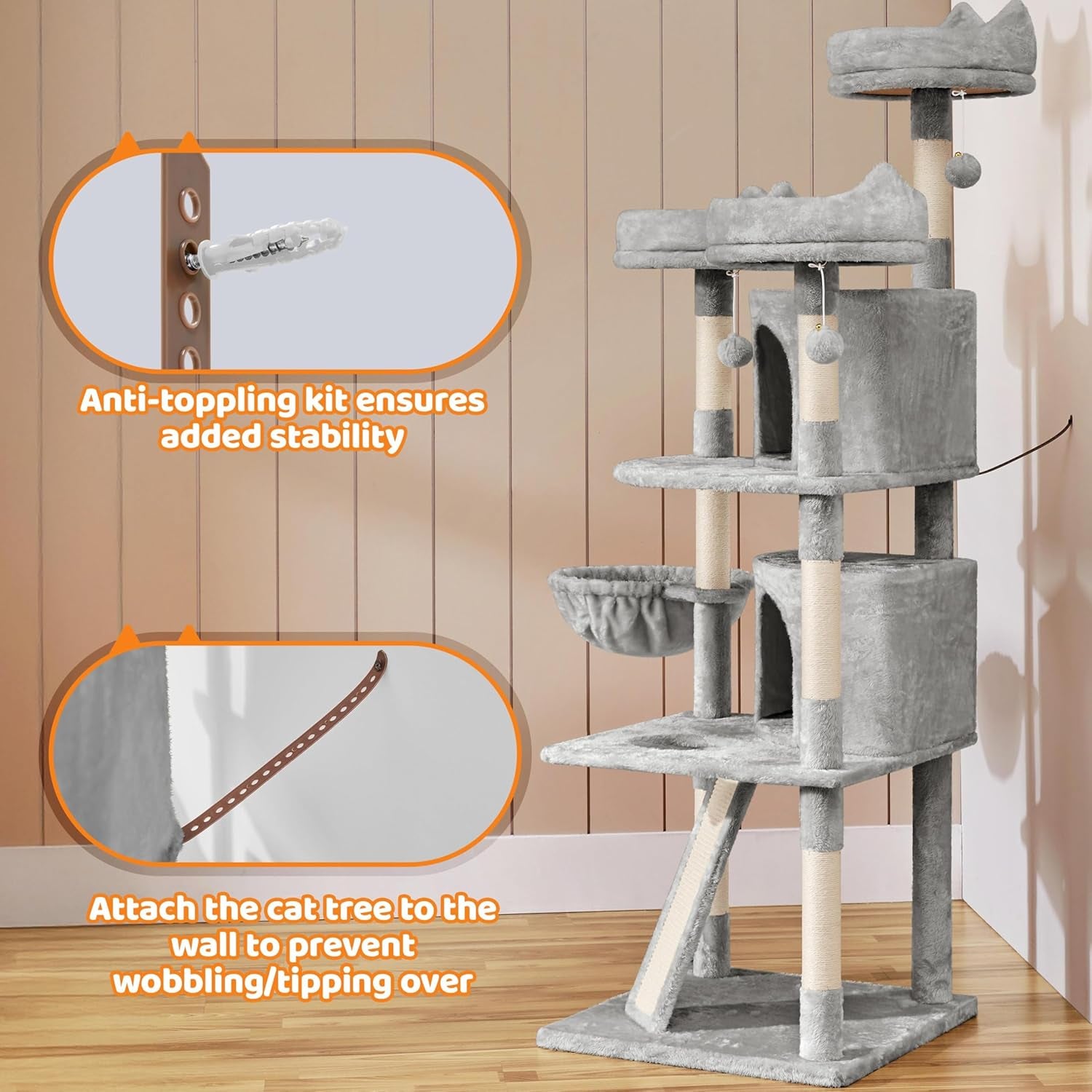 Yaheetech 69In Large Cat Tree Tower, 2 Condos, Sisal Posts & Cat-Ear Perch | Sturdy Anti-Wobble Base, Soft Basket, Climbing Ramp, Easy Assembly, Fits Large Indoor Cats & Multi-Pet Households, Light Gray