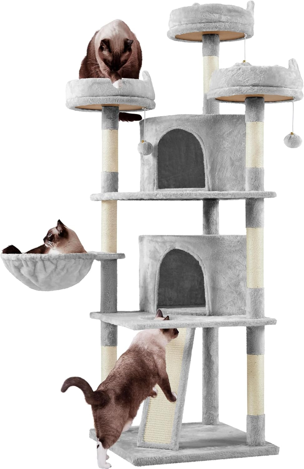 Yaheetech 69In Large Cat Tree Tower, 2 Condos, Sisal Posts & Cat-Ear Perch | Sturdy Anti-Wobble Base, Soft Basket, Climbing Ramp, Easy Assembly, Fits Large Indoor Cats & Multi-Pet Households, Light Gray