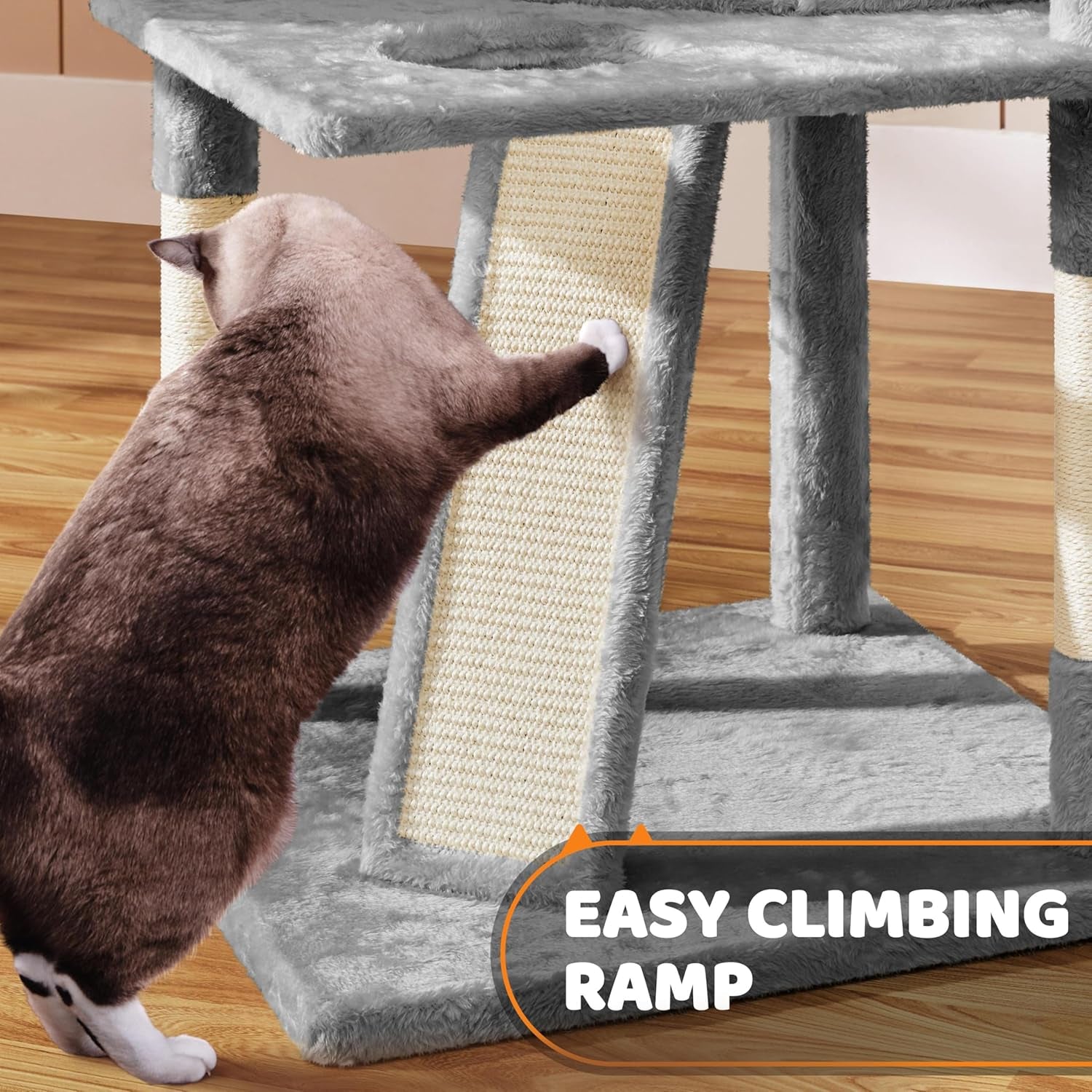 Yaheetech 69In Large Cat Tree Tower, 2 Condos, Sisal Posts & Cat-Ear Perch | Sturdy Anti-Wobble Base, Soft Basket, Climbing Ramp, Easy Assembly, Fits Large Indoor Cats & Multi-Pet Households, Light Gray