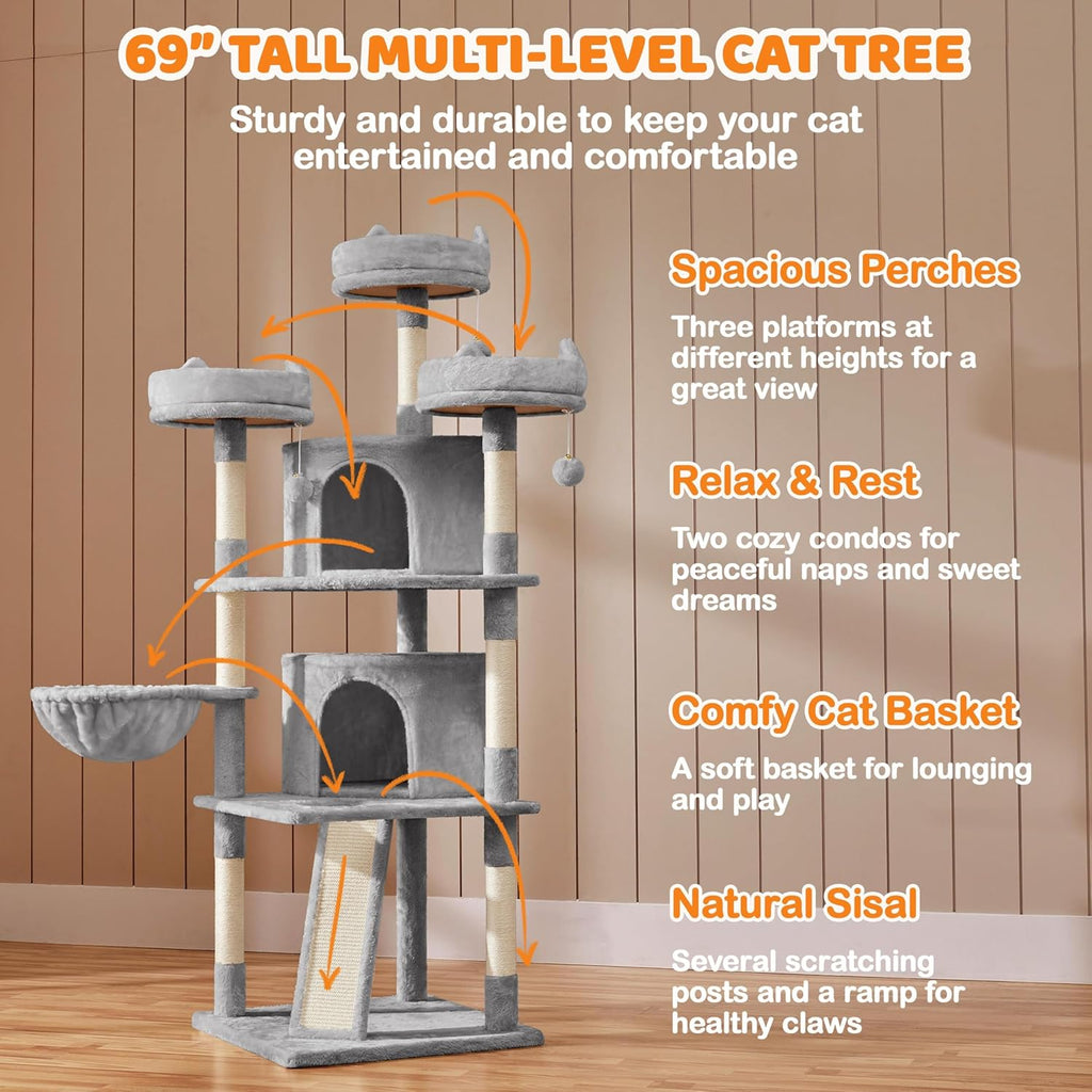 Yaheetech 69In Large Cat Tree Tower, 2 Condos, Sisal Posts & Cat-Ear Perch | Sturdy Anti-Wobble Base, Soft Basket, Climbing Ramp, Easy Assembly, Fits Large Indoor Cats & Multi-Pet Households, Light Gray