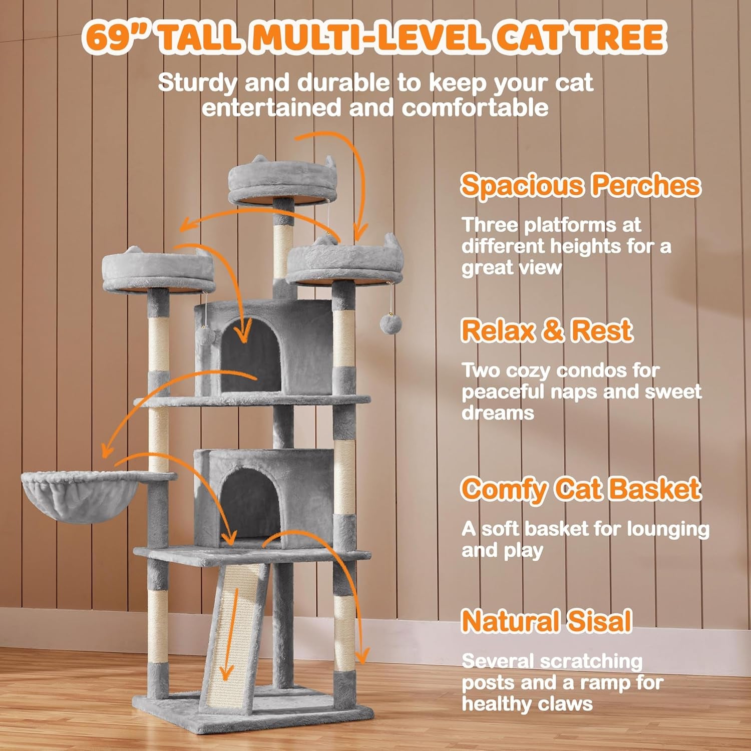 Yaheetech 69In Large Cat Tree Tower, 2 Condos, Sisal Posts & Cat-Ear Perch | Sturdy Anti-Wobble Base, Soft Basket, Climbing Ramp, Easy Assembly, Fits Large Indoor Cats & Multi-Pet Households, Light Gray