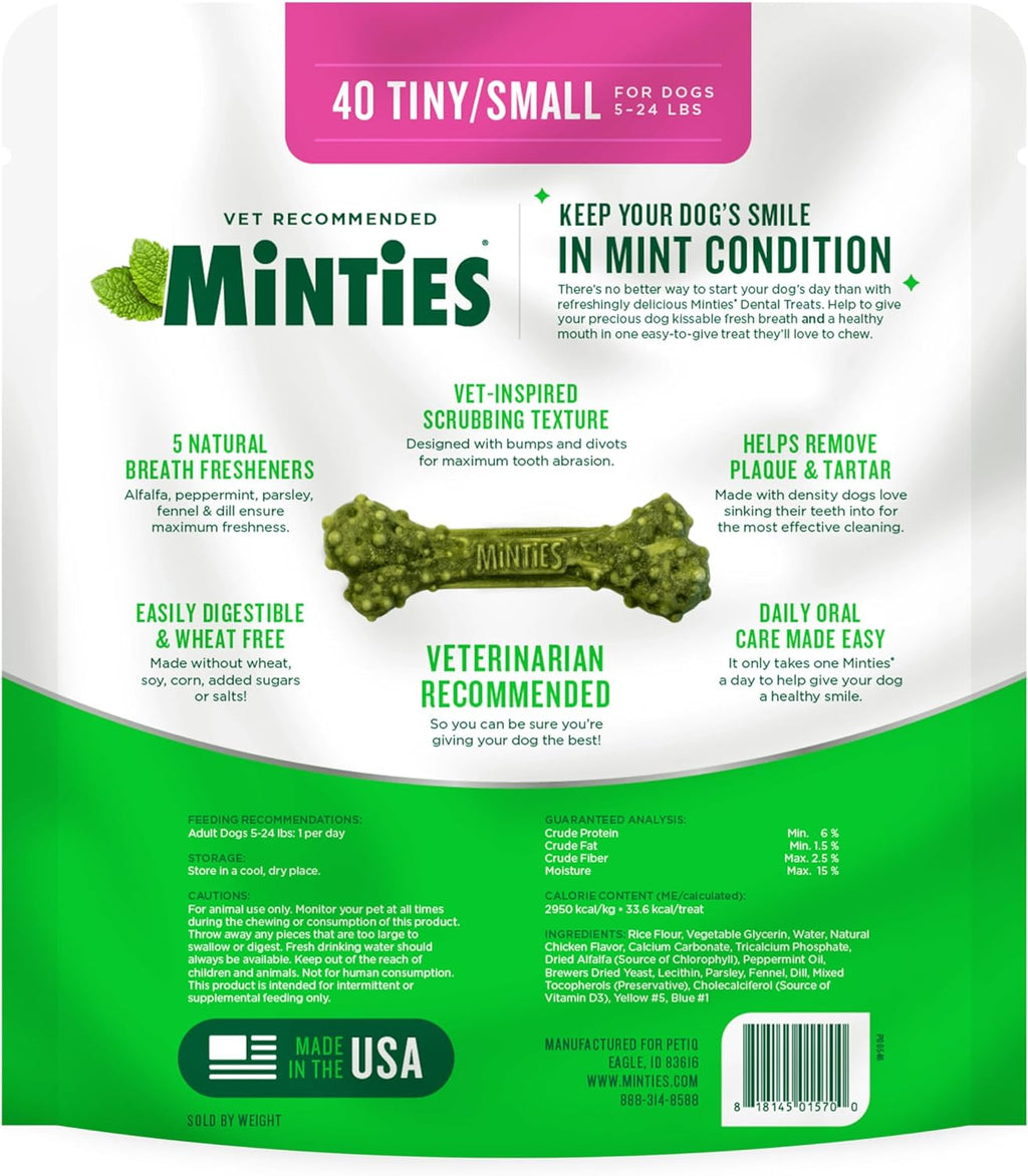 Dog Dental Bone Treats, Tiny/Small Dental Dog Treats, 16 Ounces, Cleans Teeth, Fight Bad Breath, Removes Plaque and Tartar, 40 Count