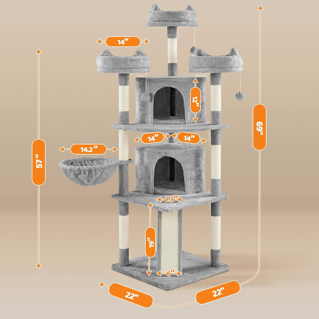 Yaheetech 69In Large Cat Tree Tower, 2 Condos, Sisal Posts & Cat-Ear Perch | Sturdy Anti-Wobble Base, Soft Basket, Climbing Ramp, Easy Assembly, Fits Large Indoor Cats & Multi-Pet Households, Light Gray