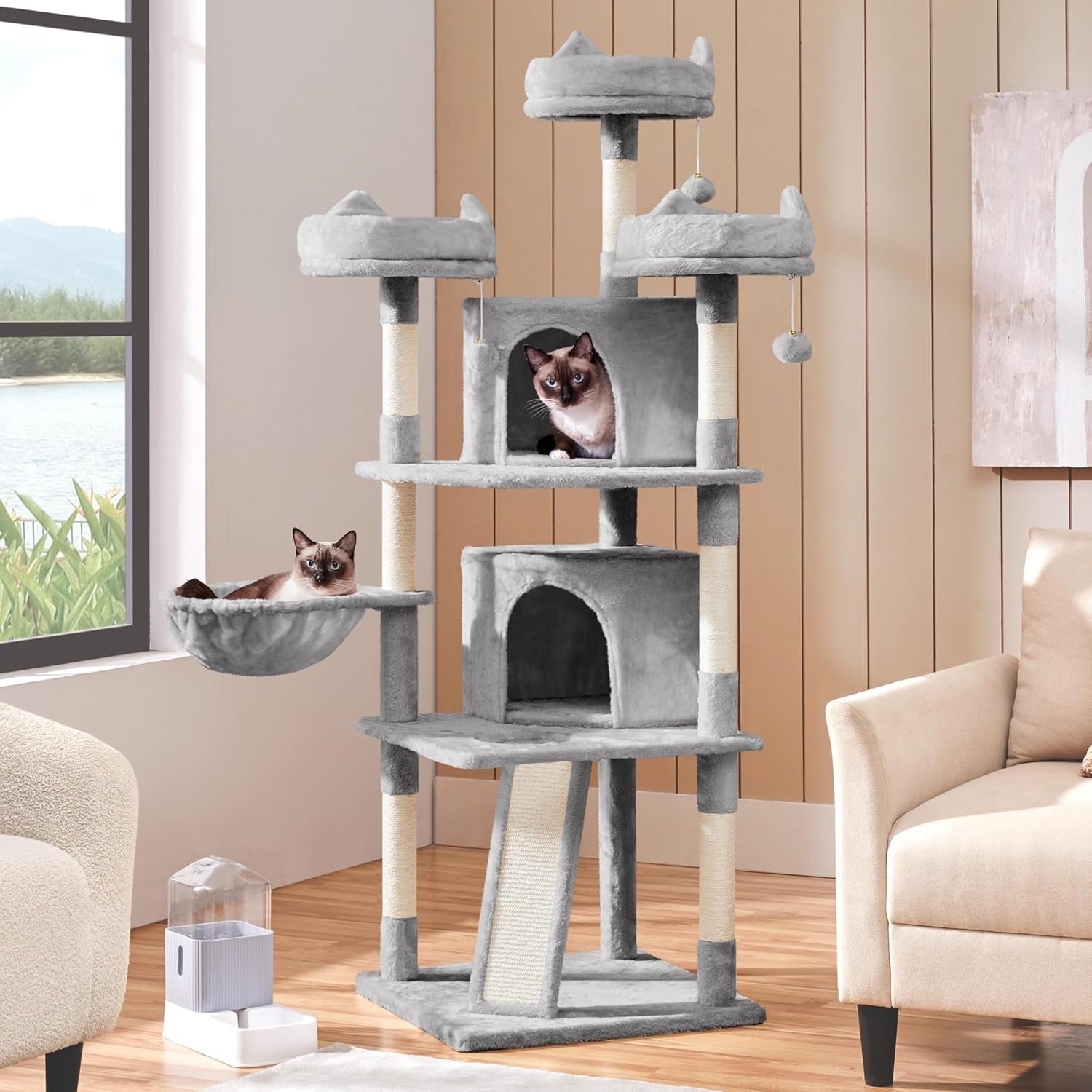 Yaheetech 69In Large Cat Tree Tower, 2 Condos, Sisal Posts & Cat-Ear Perch | Sturdy Anti-Wobble Base, Soft Basket, Climbing Ramp, Easy Assembly, Fits Large Indoor Cats & Multi-Pet Households, Light Gray